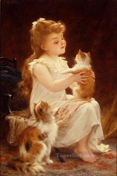 子猫と遊ぶ アカデミックリアリズム少女 エミール・ムニエ Oil Paintings